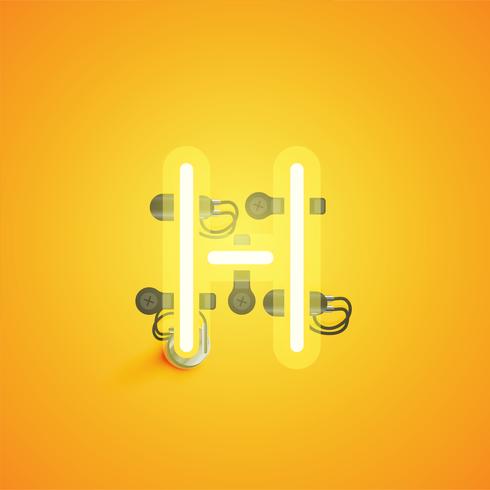 Yellow realistic neon character with wires and console from a fontset, vector illustration