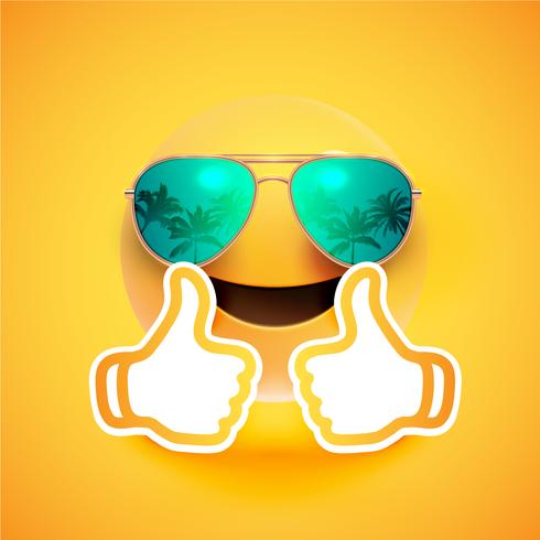 Realistic emoticon with sunglasses and thumbs up, vector illustration