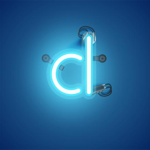 Blue realistic neon character with wires and console from a fontset, vector illustration