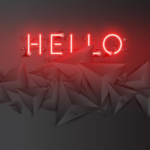 Neon word with abstract dark 3D triangles, vector illustration