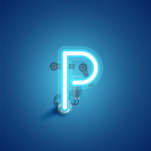 Blue realistic neon character with wires and console from a fontset, vector illustration