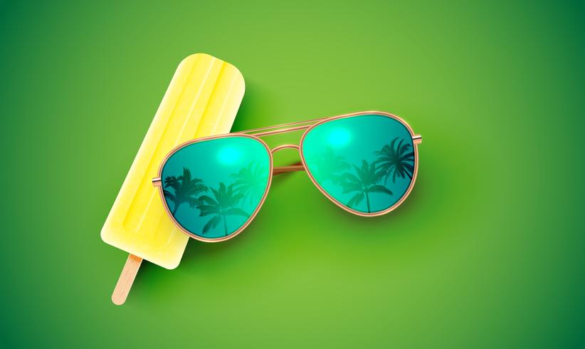 Realistic sunglasses with ice cream on colorful background, vector illustration