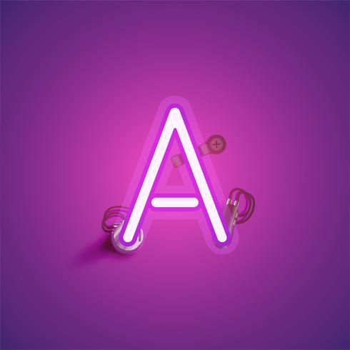 Pink realistic neon character with wires and console from a fontset, vector illustration