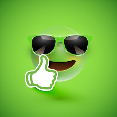 Realistic emoticon with sunglasses and thumbs up, vector illustration