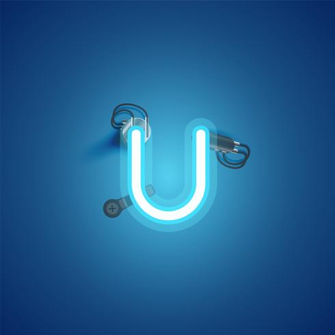 Blue realistic neon character with wires and console from a fontset, vector illustration