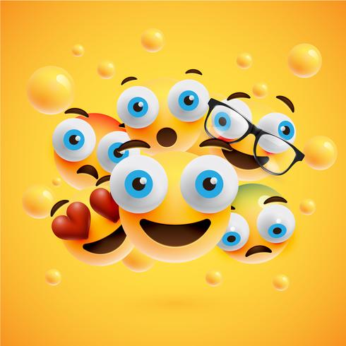 Realistic yellow emoticons in front of a yellow background, vector illustration