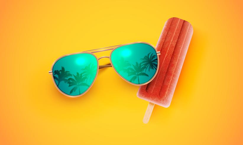 Realistic sunglasses with ice cream on colorful background, vector illustration