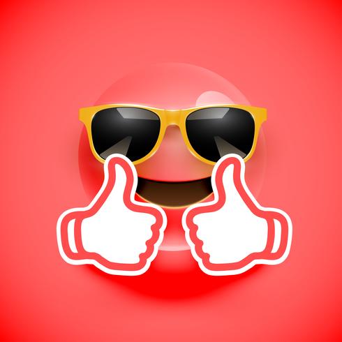 Realistic emoticon with sunglasses and thumbs up, vector illustration