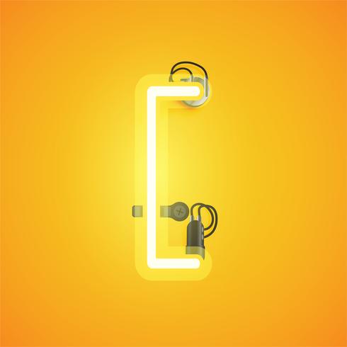 Yellow realistic neon character with wires and console from a fontset, vector illustration