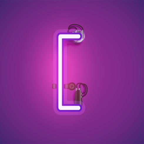 Pink realistic neon character with wires and console from a fontset, vector illustration