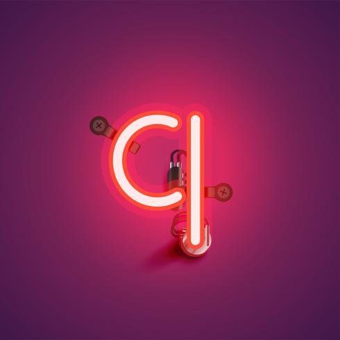 Red realistic neon character with wires and console from a fontset, vector illustration