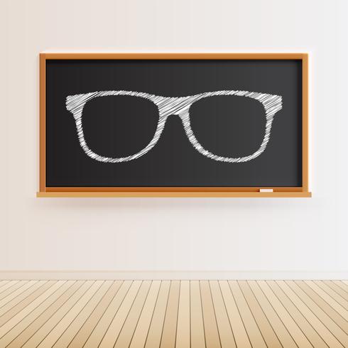 High detailed black chalkboard with wooden floor and a drawn eyeglasses, vector illustration