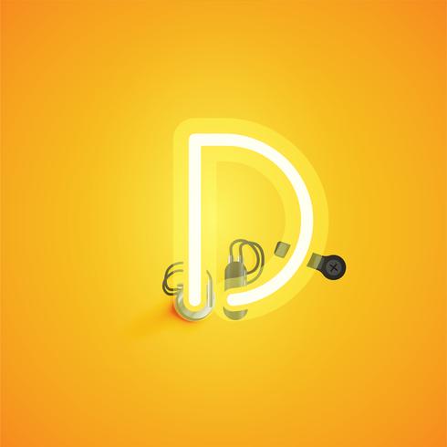 Yellow realistic neon character with wires and console from a fontset, vector illustration