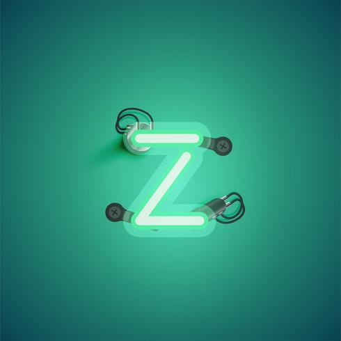 Green realistic neon character with wires and console from a fontset, vector illustration