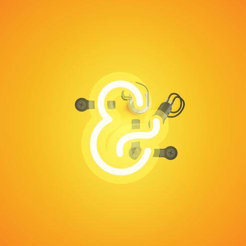 Yellow realistic neon character with wires and console from a fontset, vector illustration