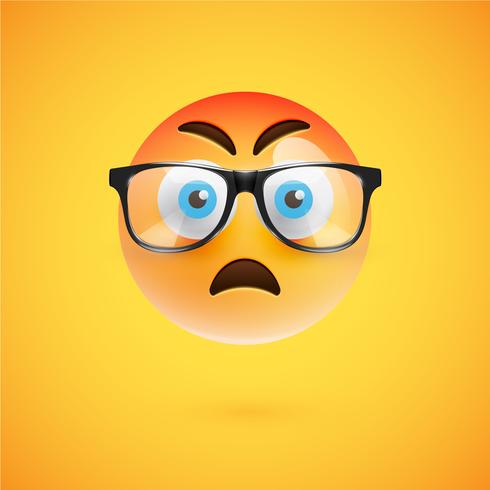 3D yellow emoticon with eyeglasses, vector illustration