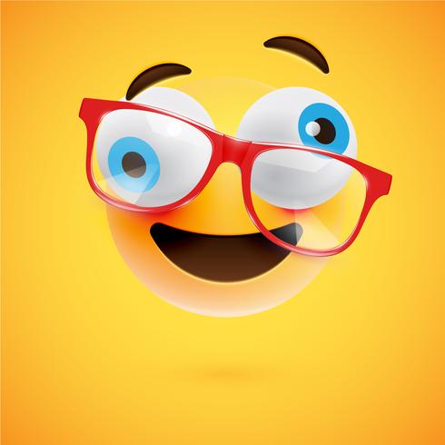 3D yellow emoticon with eyeglasses, vector illustration