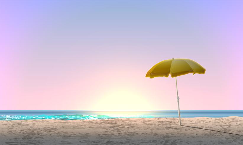 Realistic landscape of a beach with sunset  sunrise and a yellow parasol, vector illustration