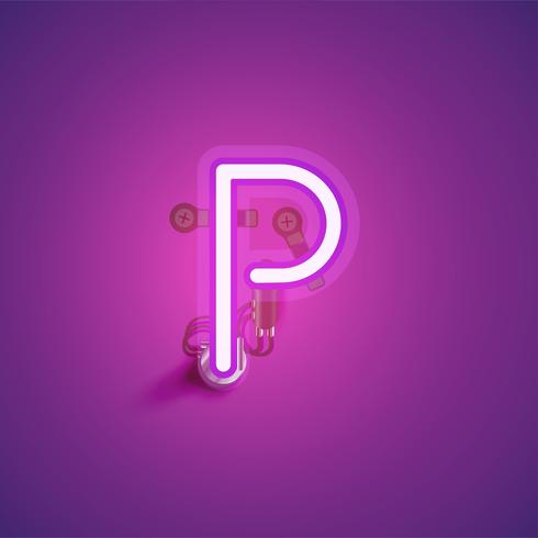 Pink realistic neon character with wires and console from a fontset, vector illustration