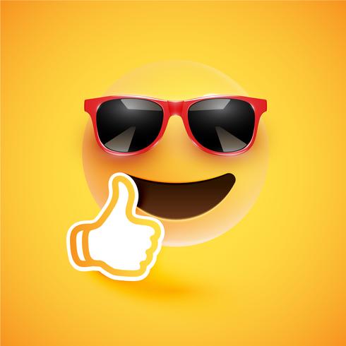 Emoticon realista con gafas de sol y pulgares arriba, ilustración vectorial vector