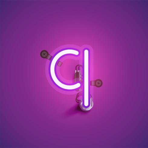 Pink realistic neon character with wires and console from a fontset, vector illustration