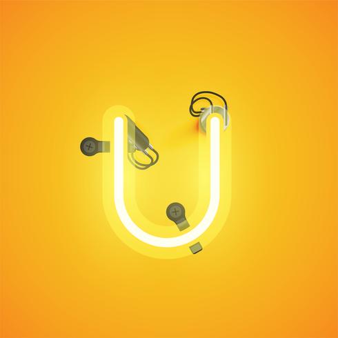Yellow realistic neon character with wires and console from a fontset, vector illustration