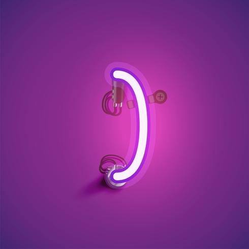 Pink realistic neon character with wires and console from a fontset, vector illustration