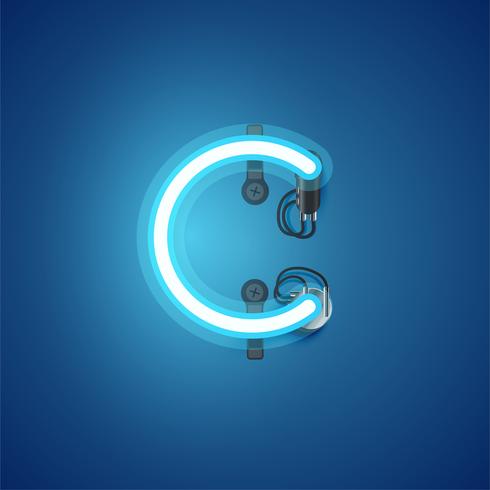 Blue realistic neon character with wires and console from a fontset, vector illustration