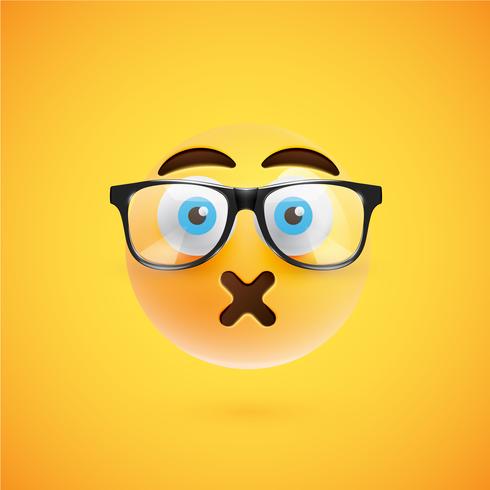 3D yellow emoticon with eyeglasses, vector illustration