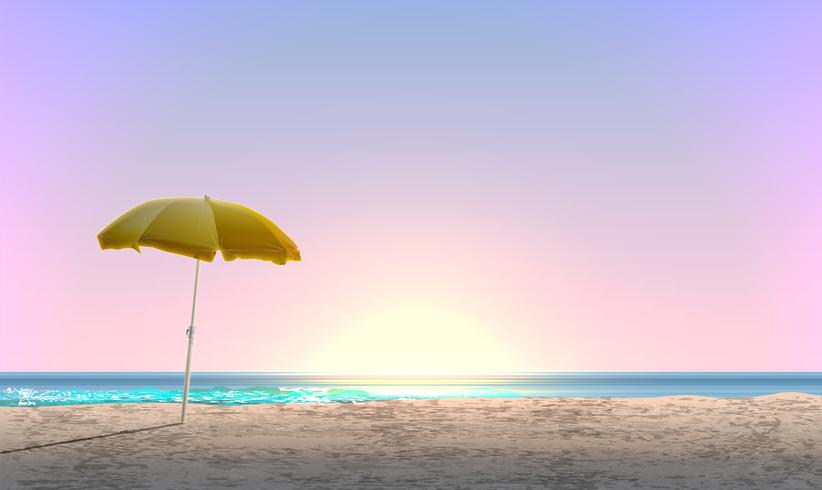 Realistic landscape of a beach with sunset  sunrise and a yellow parasol, vector illustration
