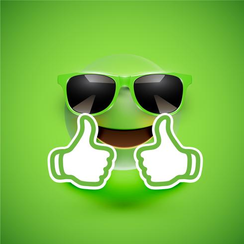Realistic emoticon with sunglasses and thumbs up, vector illustration