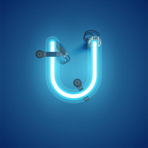 Blue realistic neon character with wires and console from a fontset, vector illustration