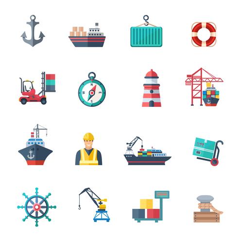 Conjunto de iconos de puerto de mar vector