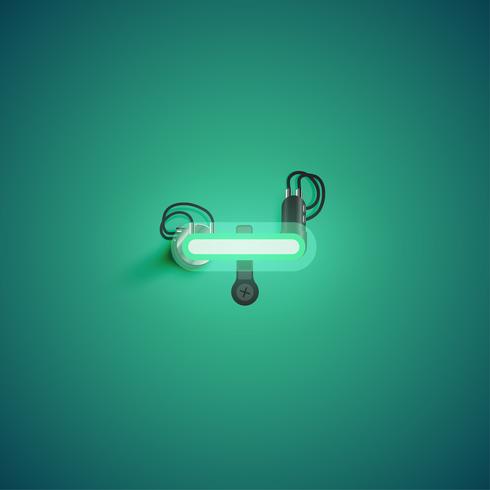 Green realistic neon character with wires and console from a fontset, vector illustration