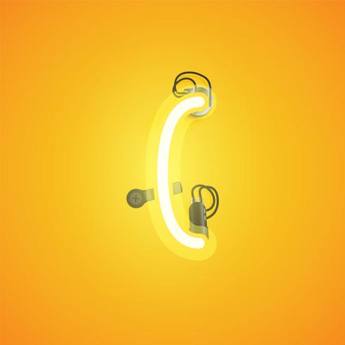 Yellow realistic neon character with wires and console from a fontset, vector illustration