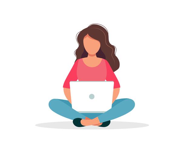 Mujer con la sentada de la computadora portátil aislada en el fondo blanco. Ilustración de concepto para trabajar, trabajar independientemente, estudiar, educación, trabajar desde casa. Ilustración vectorial en estilo de dibujos animados plana vector