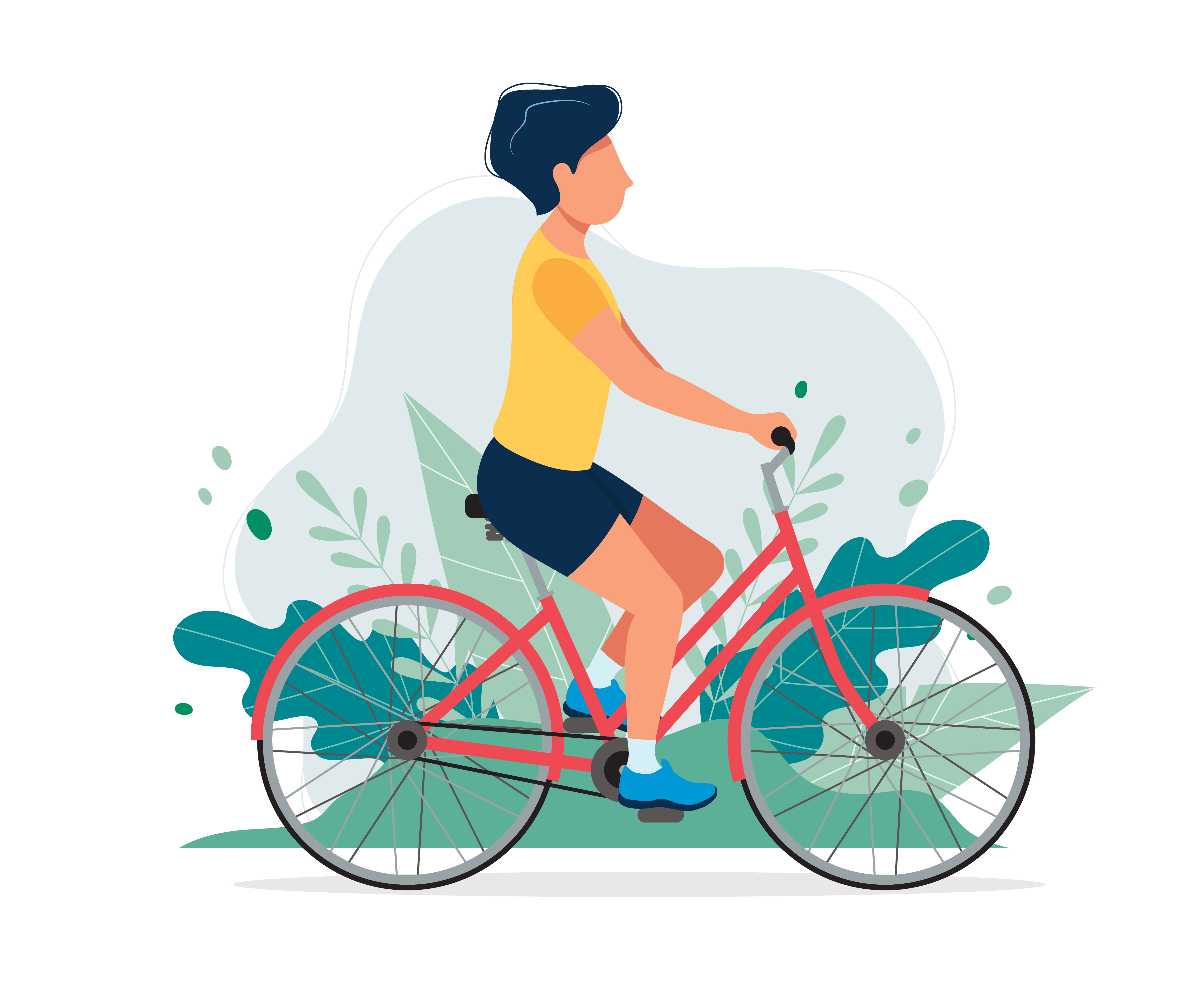 Happy man with a bike in the park. Vector illustration in