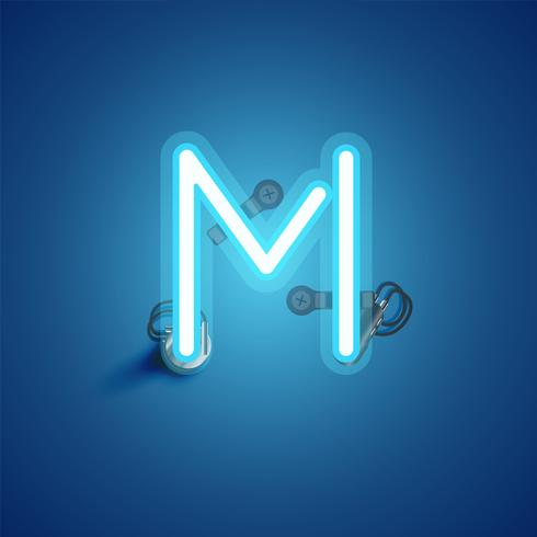 Blue realistic neon character with wires and console from a fontset, vector illustration