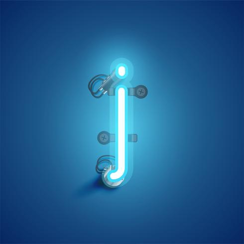 Blue realistic neon character with wires and console from a fontset, vector illustration