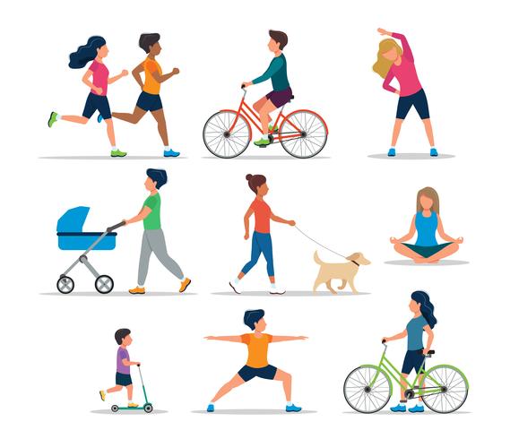 Personas que realizan diversas actividades al aire libre, aisladas. Correr, en bicicleta, en scooter, pasear al perro, hacer ejercicio, meditar, caminar con un cochecito de bebé. Ilustración de vector de estilo de vida saludable.