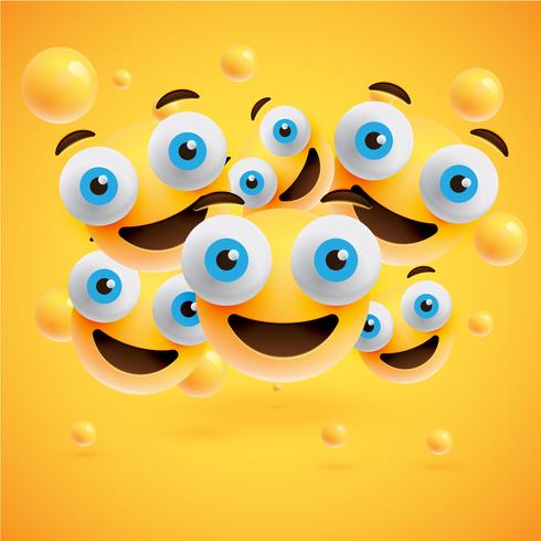 Realistic yellow emoticons in front of a yellow background, vector illustration