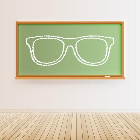 High detailed black chalkboard with wooden floor and a drawn eyeglasses, vector illustration