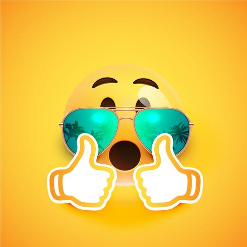 Realistic emoticon with sunglasses and thumbs up, vector illustration