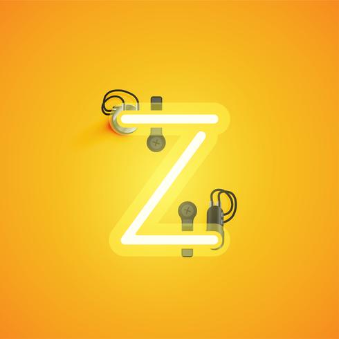 Yellow realistic neon character with wires and console from a fontset, vector illustration