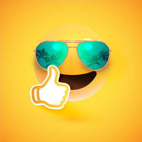 Realistic emoticon with sunglasses and thumbs up, vector illustration