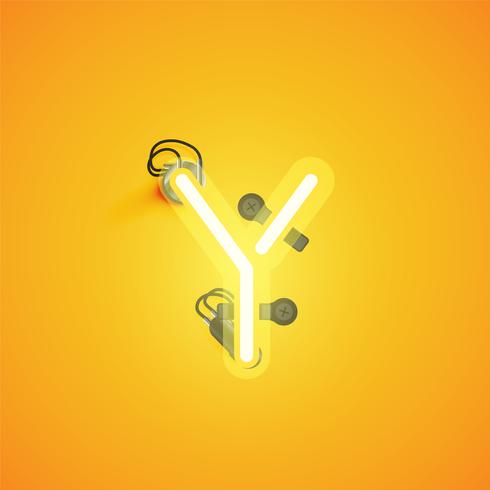 Yellow realistic neon character with wires and console from a fontset, vector illustration
