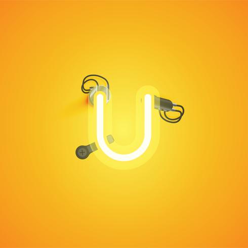 Yellow realistic neon character with wires and console from a fontset, vector illustration