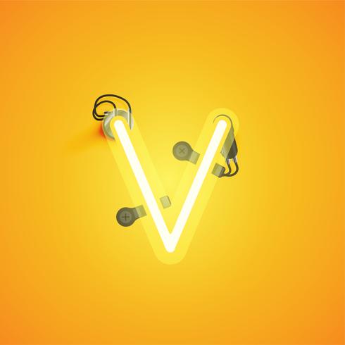 Yellow realistic neon character with wires and console from a fontset, vector illustration