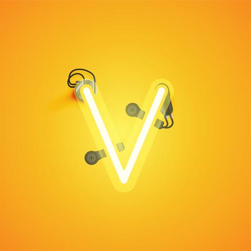 Yellow realistic neon character with wires and console from a fontset, vector illustration