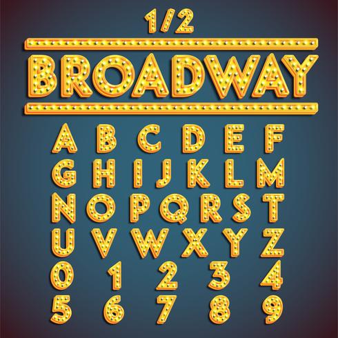 'Broadway' fontset with lamps, vector illustration